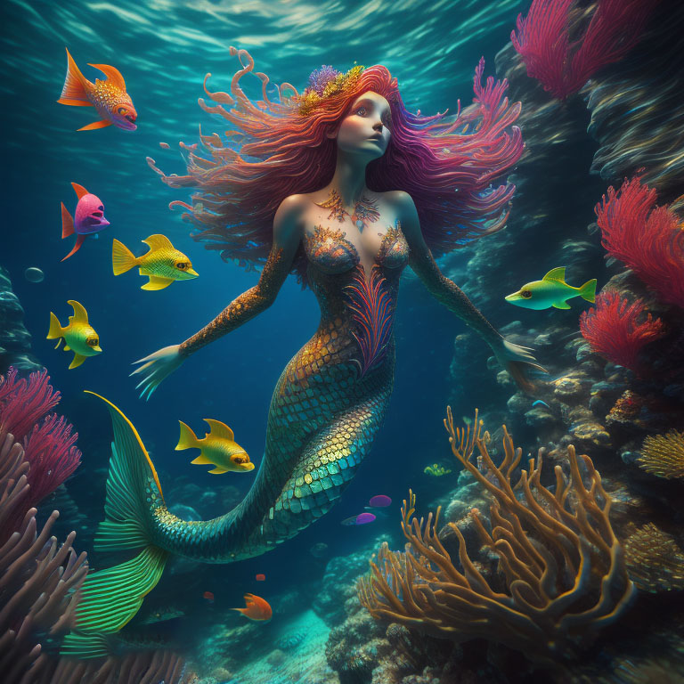 mermaid swimming in reefs
