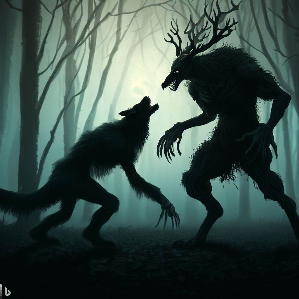 the battle between a huge Werewolf and The Wendigo of indigenous folklore