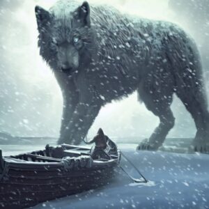 Giant wolf next to Viking ship Fenrir the wolf in Norse Mythology