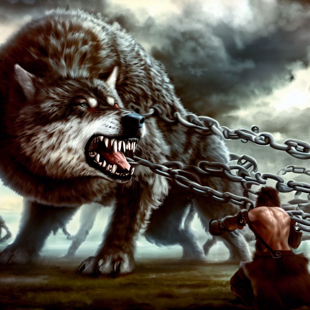 giant wolf resisting chains Fenrir bind by Norse gods and Tyr sacrifice  