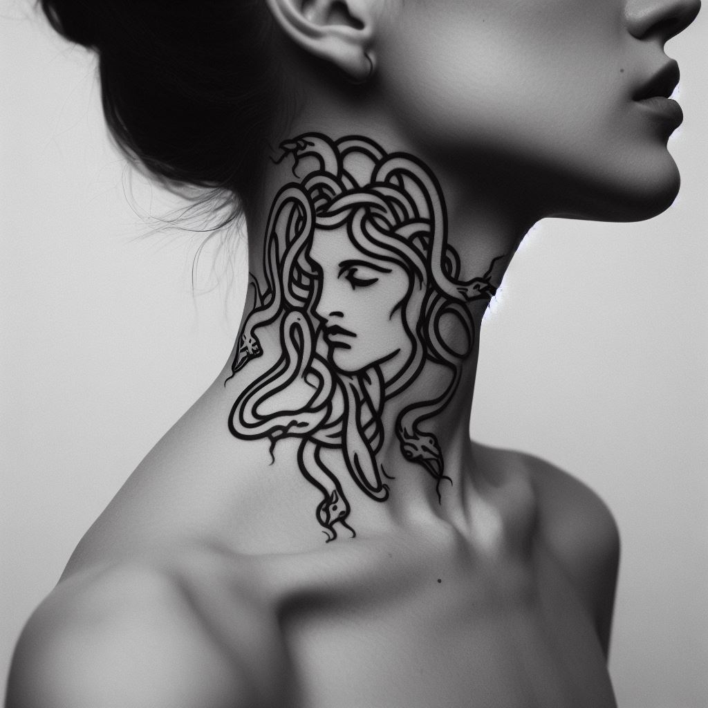 Medusa head neck tattoo black ink classic Gorgon greek mythology