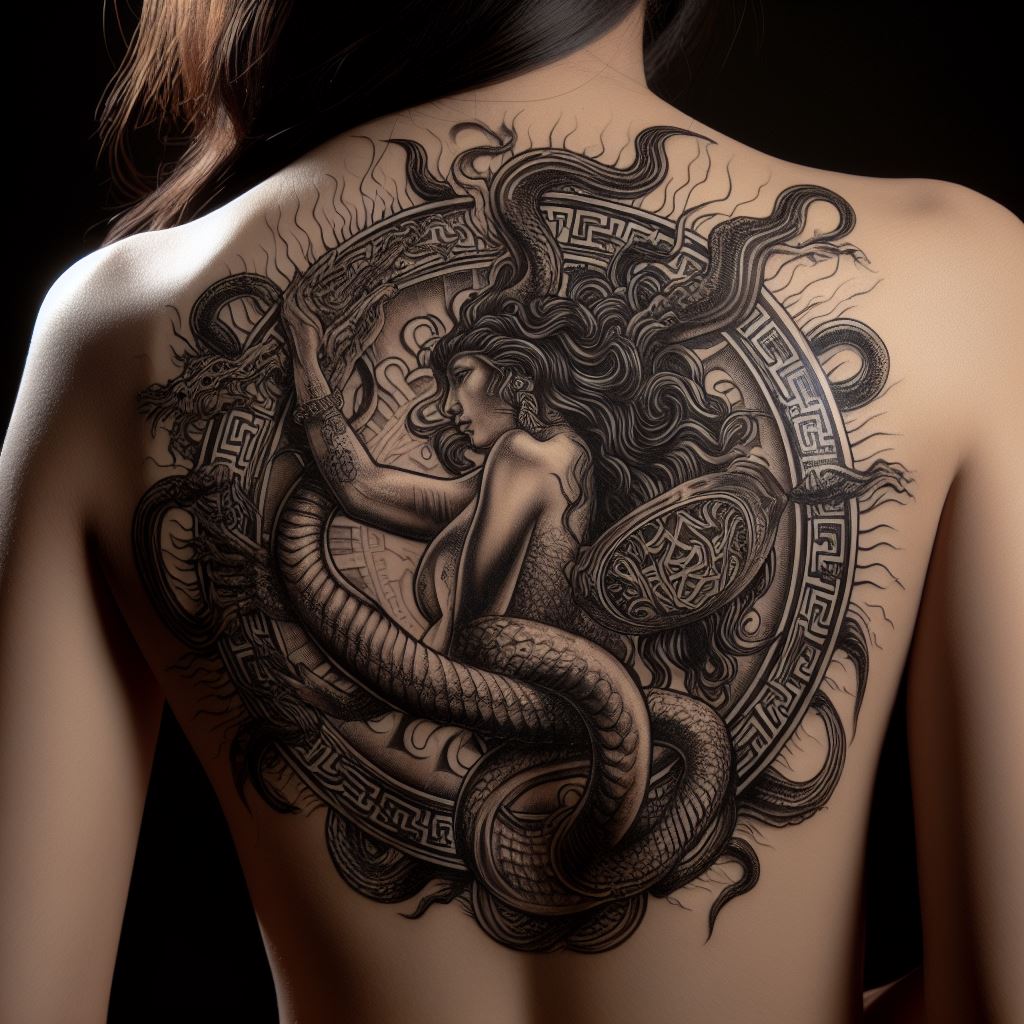 3d Medusa tattoo on a back of a woman as symbol of survival for female strength
