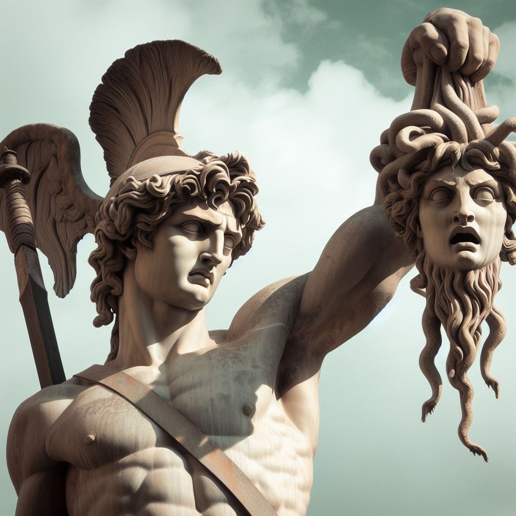 Perseus holding Medusa head statue 
