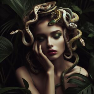 Medusa with head of serpents symbol of female abuse
