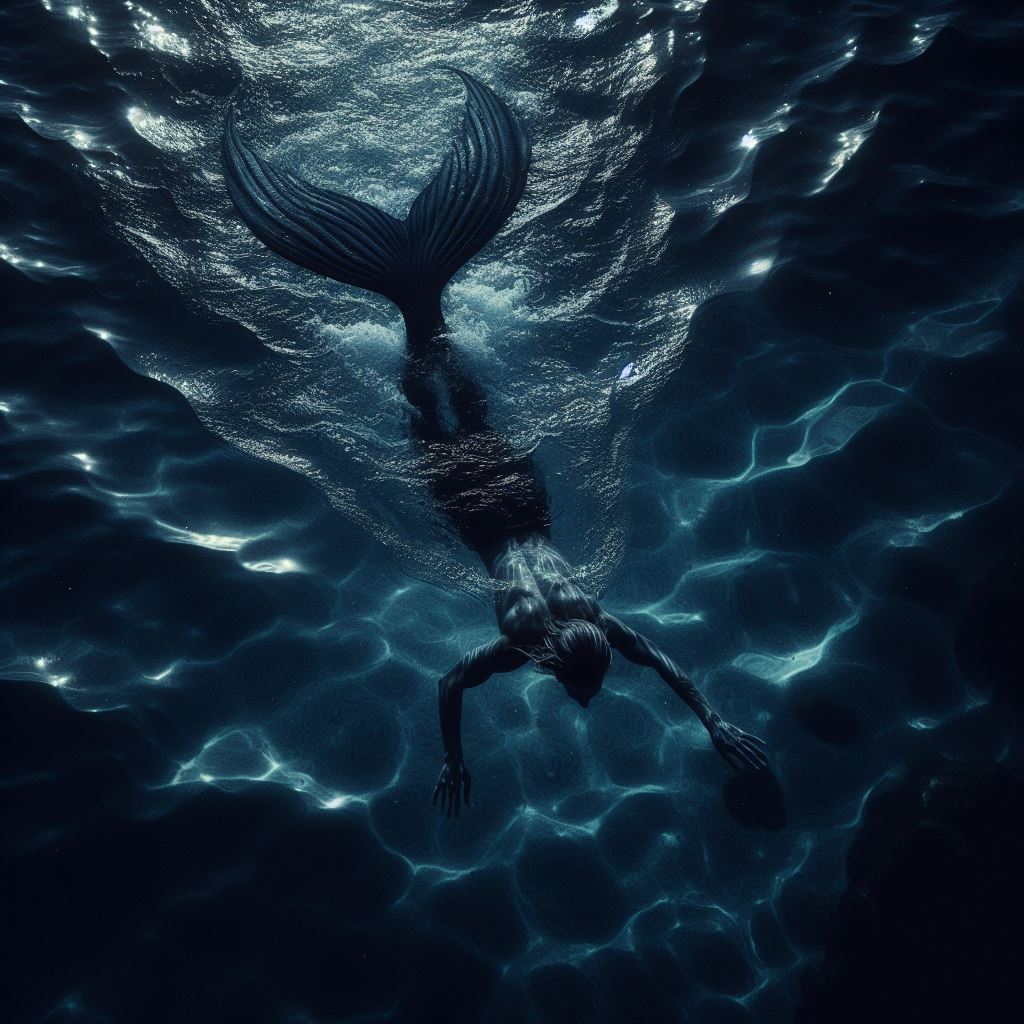 picture of merman art showing merman swimming at night in the dark