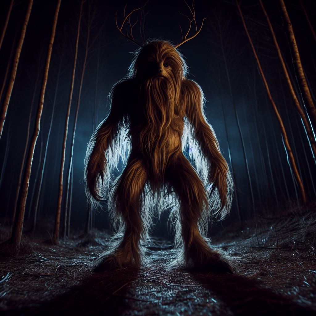 a hairy creature with a human-like torso and the legs of a deer at night in a dark environment