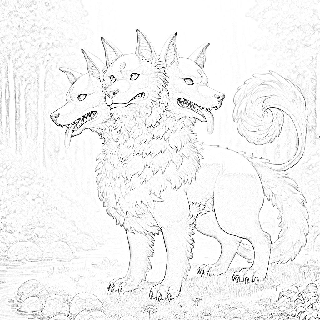 Cerberus greek mythical dog with three heads coloring book mythical creatures art