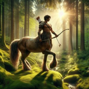 a Centaur half-man half-horse creature in Greek mythology in a forest holding a bow and arrow