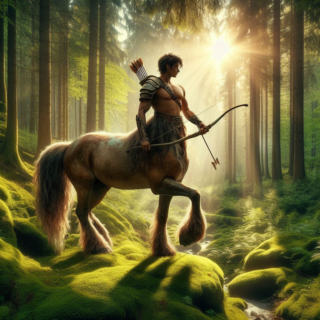 a Centaur half-man half-horse creature in Greek mythology in a forest holding a bow and arrow