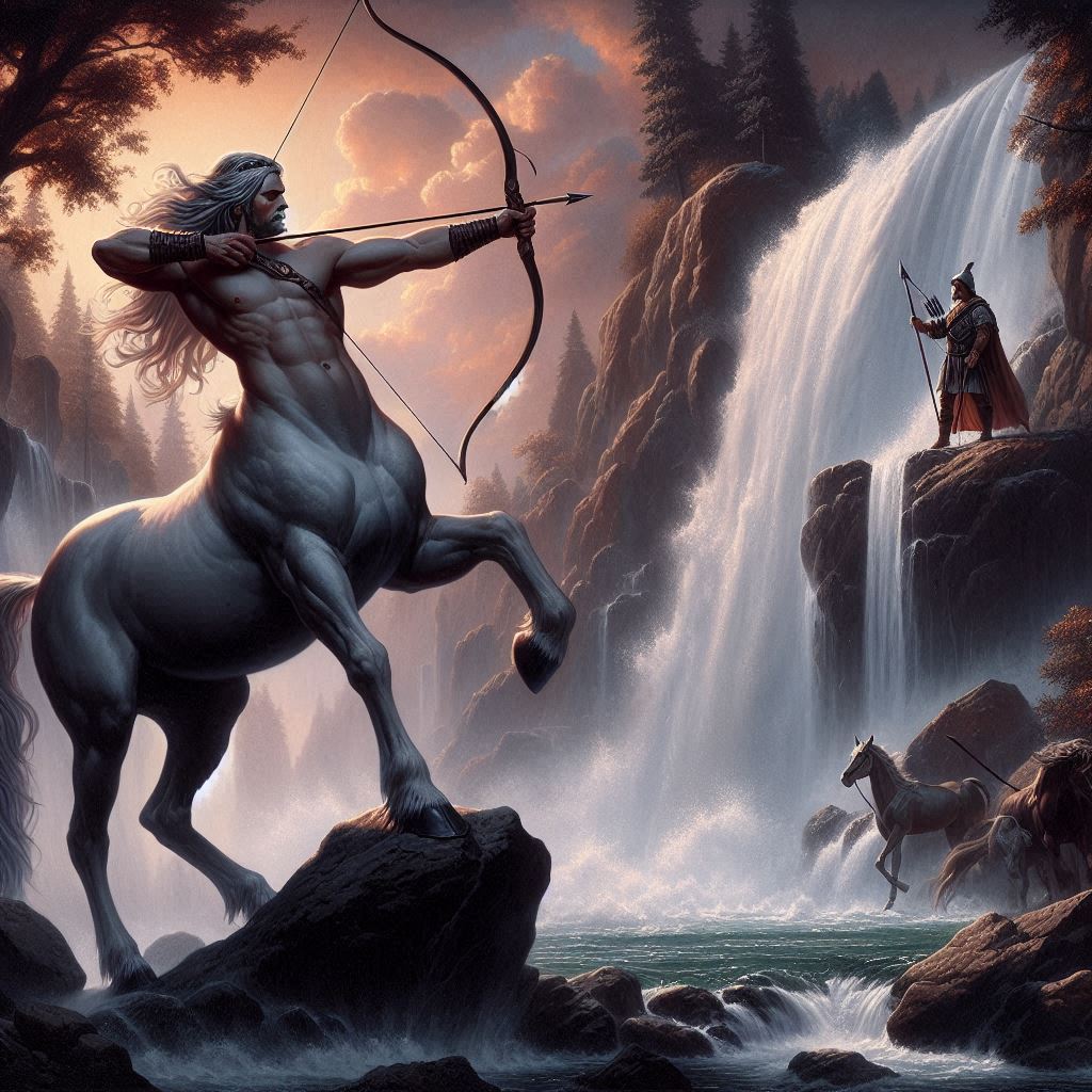 centaur fighting a Greek hero near a waterfall in a forest